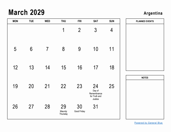 March 2029 Printable Monthly Calendar with Argentina Holidays