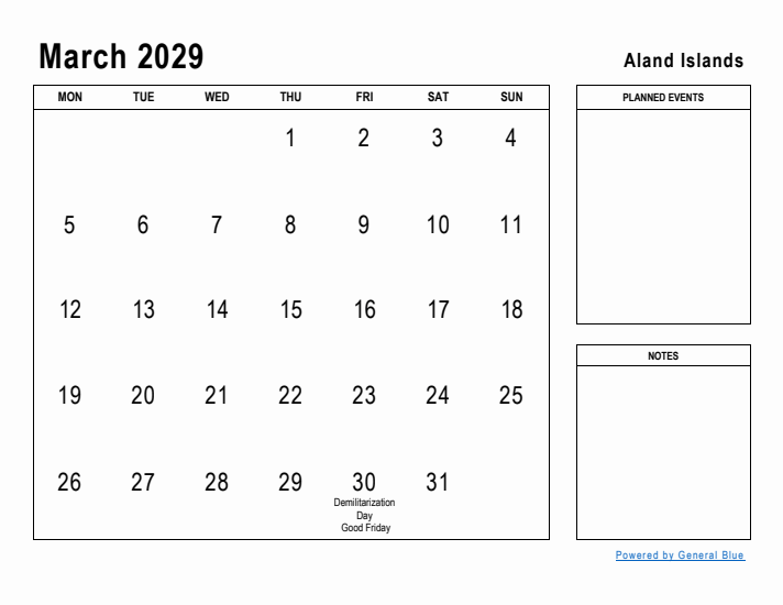 March 2029 Printable Monthly Calendar with Aland Islands Holidays