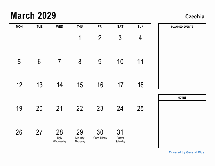 March 2029 Printable Monthly Calendar with Czechia Holidays