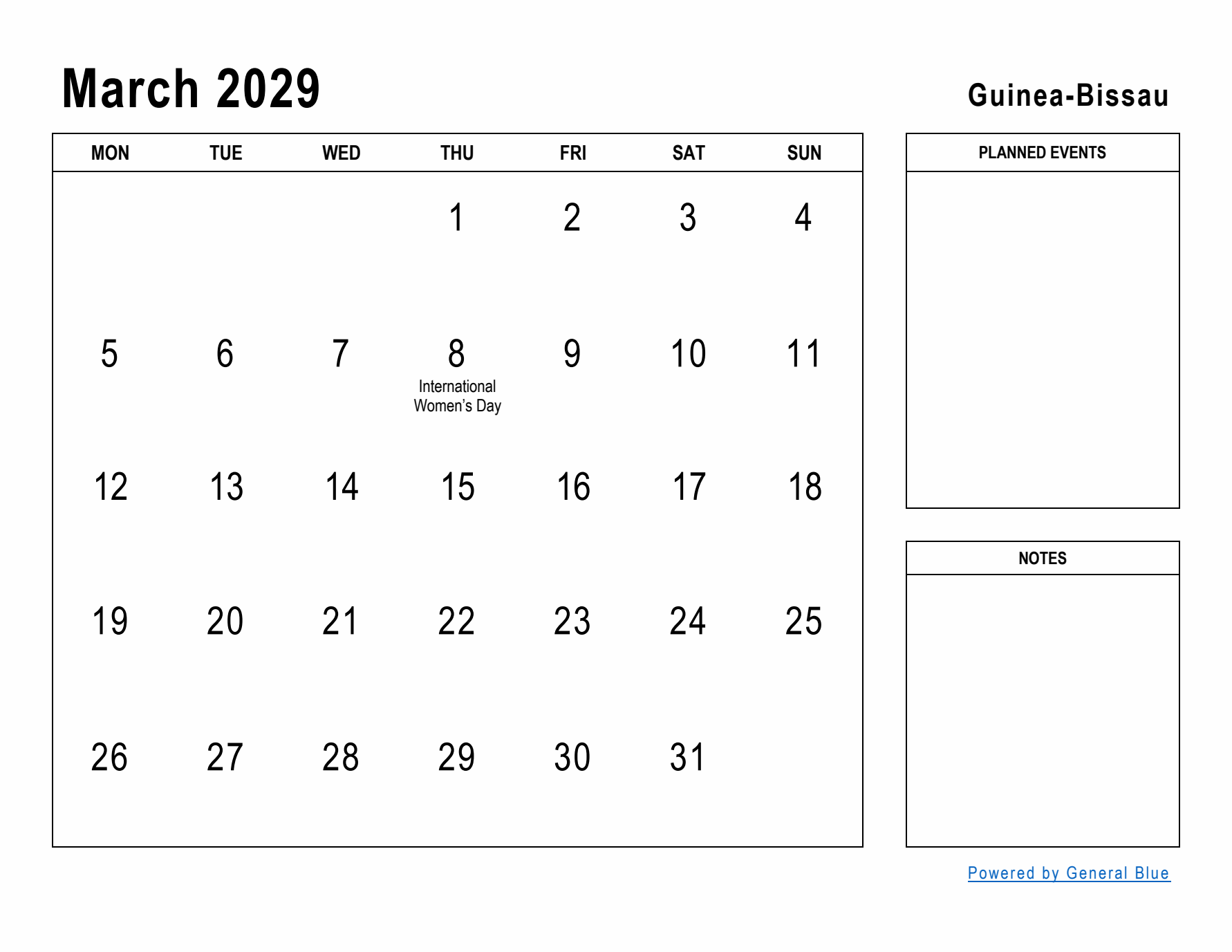 March 2029 Printable Monthly Calendar with Guinea-Bissau Holidays