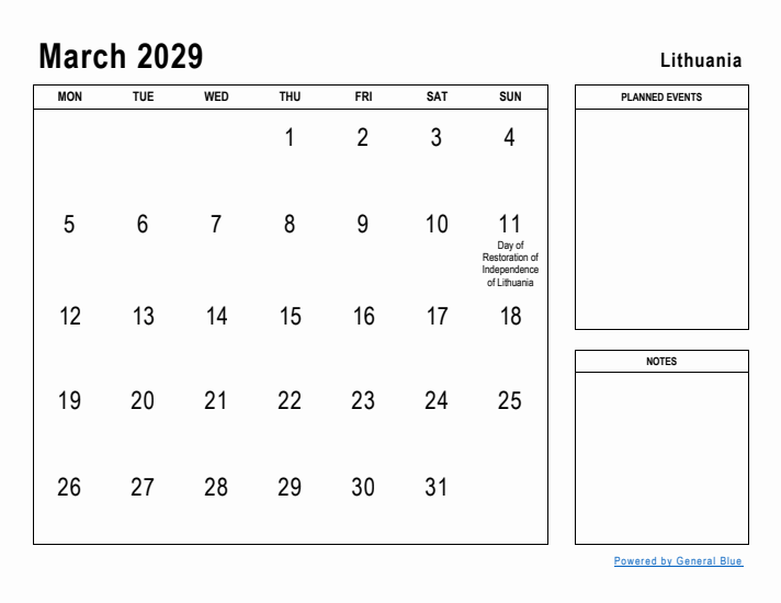 March 2029 Printable Monthly Calendar with Lithuania Holidays