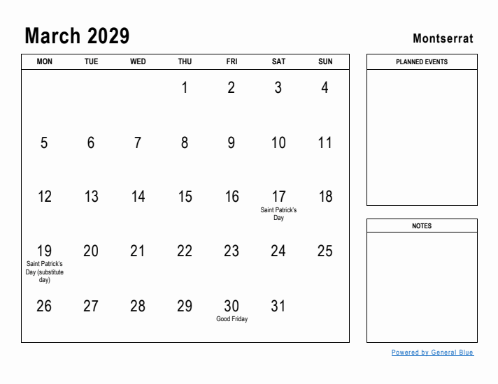 March 2029 Printable Monthly Calendar with Montserrat Holidays