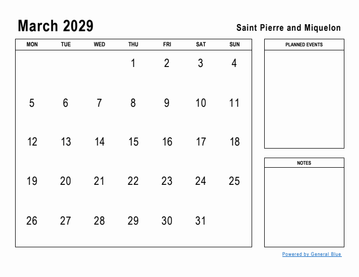 March 2029 Printable Monthly Calendar with Saint Pierre and Miquelon Holidays