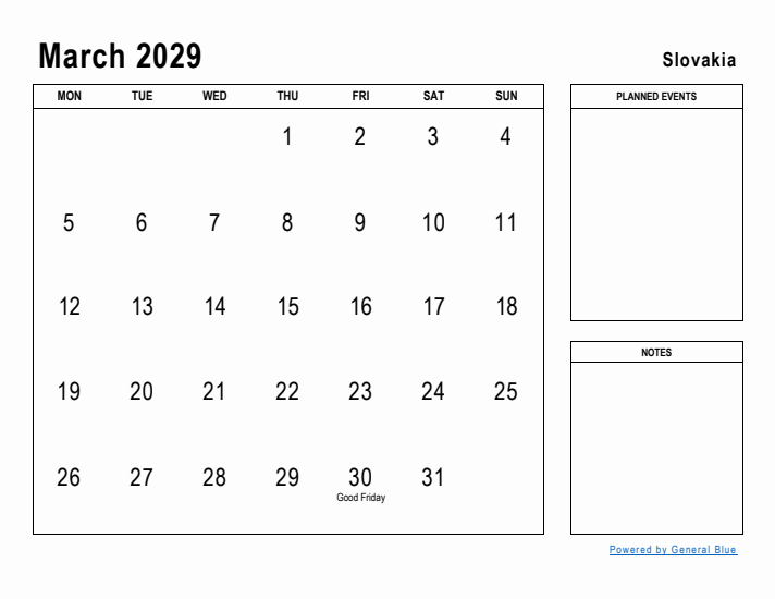 March 2029 Printable Monthly Calendar with Slovakia Holidays