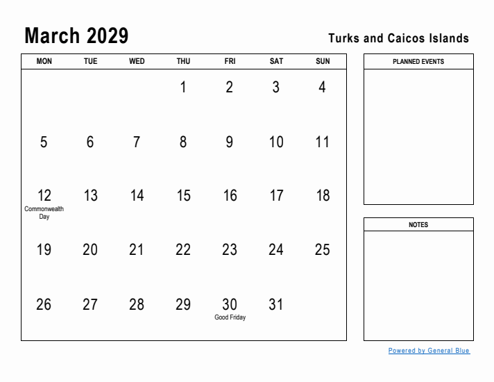 March 2029 Printable Monthly Calendar with Turks and Caicos Islands Holidays