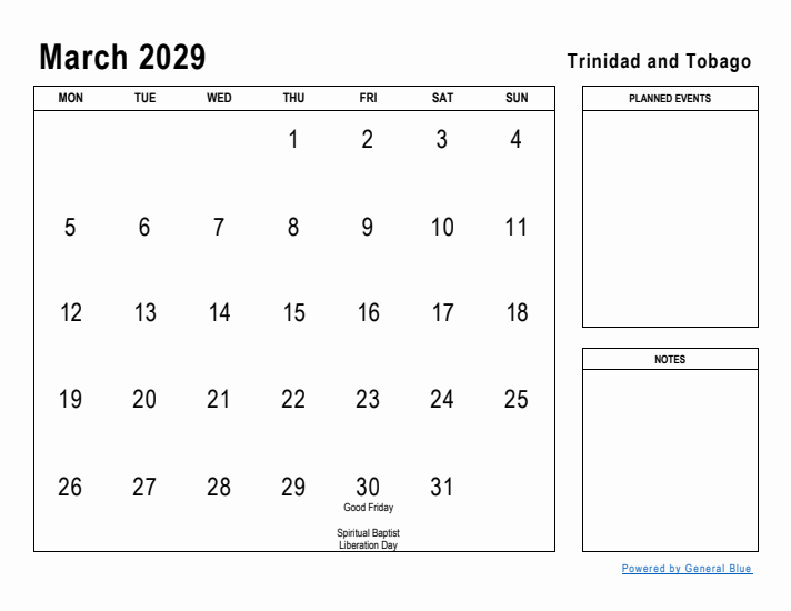 March 2029 Printable Monthly Calendar with Trinidad and Tobago Holidays