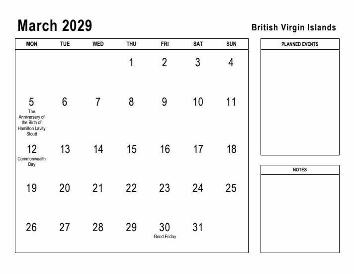 March 2029 Printable Monthly Calendar with British Virgin Islands Holidays