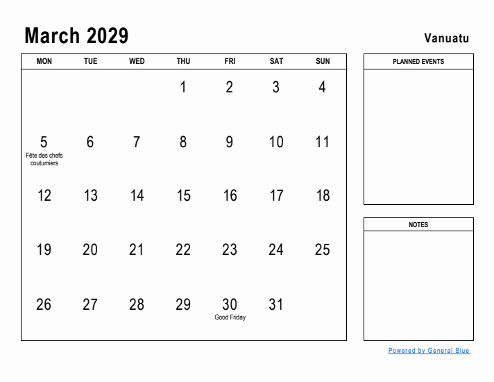 March 2029 Printable Monthly Calendar with Vanuatu Holidays
