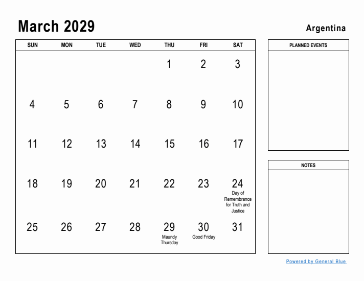 March 2029 Printable Monthly Calendar with Argentina Holidays