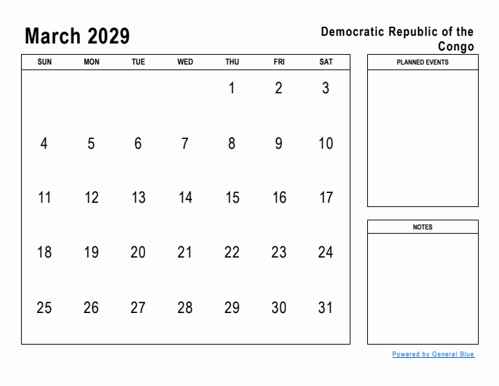 March 2029 Printable Monthly Calendar with Democratic Republic of the Congo Holidays