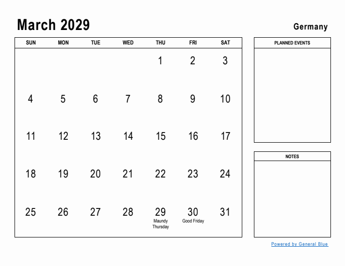 March 2029 Printable Monthly Calendar with Germany Holidays