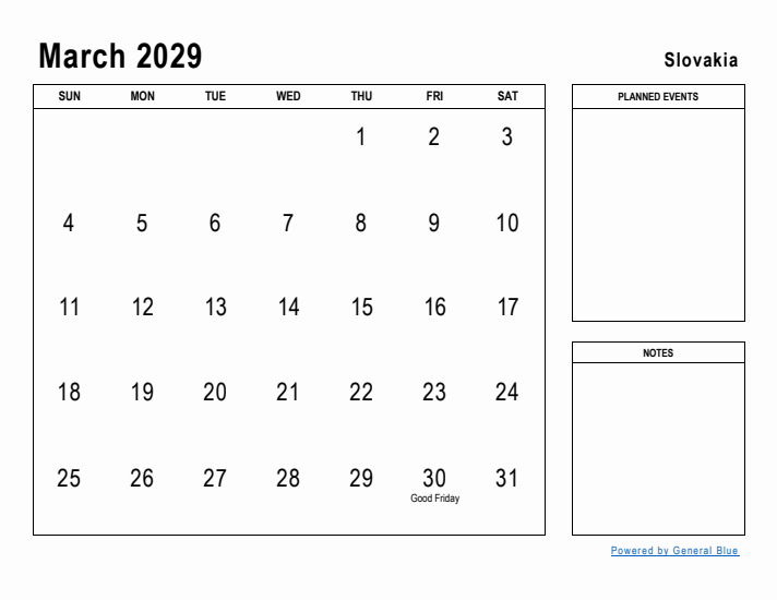 March 2029 Printable Monthly Calendar with Slovakia Holidays
