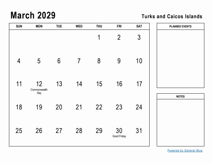 March 2029 Printable Monthly Calendar with Turks and Caicos Islands Holidays