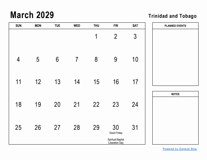 March 2029 Printable Monthly Calendar with Trinidad and Tobago Holidays