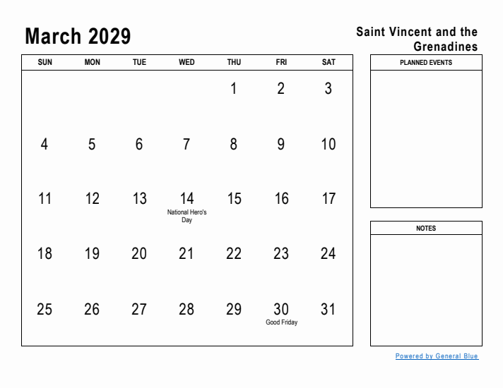 March 2029 Printable Monthly Calendar with Saint Vincent and the Grenadines Holidays