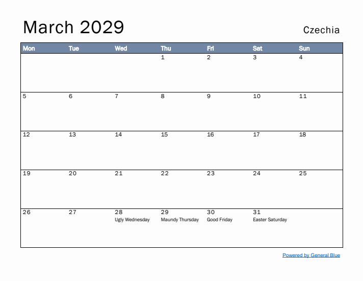 March 2029 Simple Monthly Calendar for Czechia