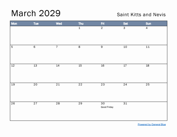 March 2029 Simple Monthly Calendar for Saint Kitts and Nevis