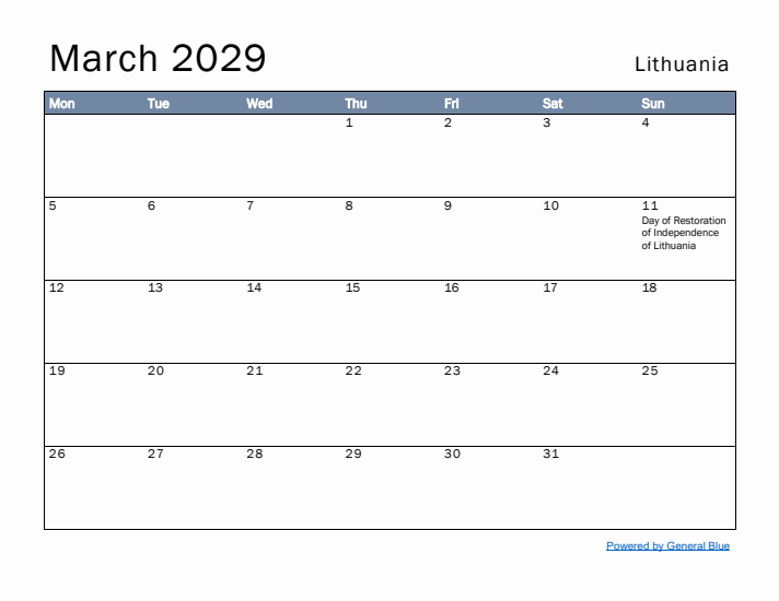 March 2029 Simple Monthly Calendar for Lithuania