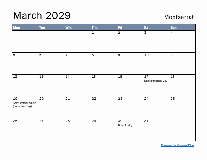 March 2029 Simple Monthly Calendar for Montserrat
