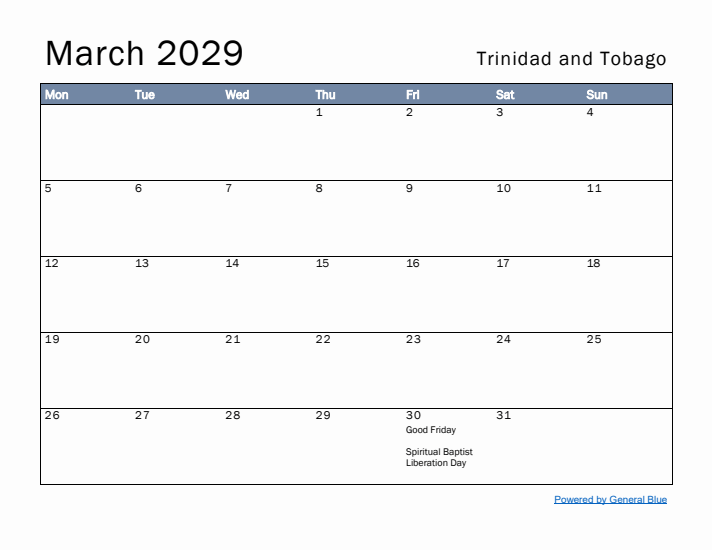 March 2029 Simple Monthly Calendar for Trinidad and Tobago
