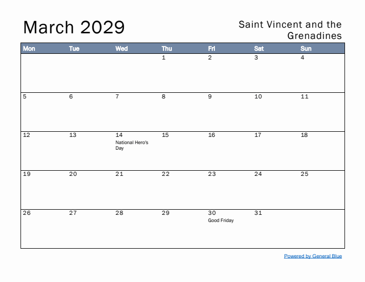 March 2029 Simple Monthly Calendar for Saint Vincent and the Grenadines