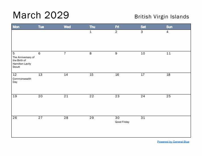 March 2029 Simple Monthly Calendar for British Virgin Islands