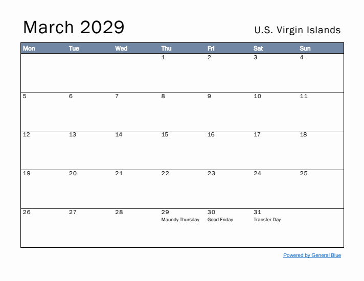 March 2029 Simple Monthly Calendar for U.S. Virgin Islands