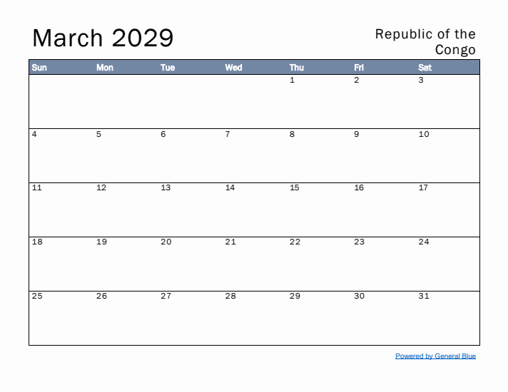 March 2029 Simple Monthly Calendar for Republic of the Congo