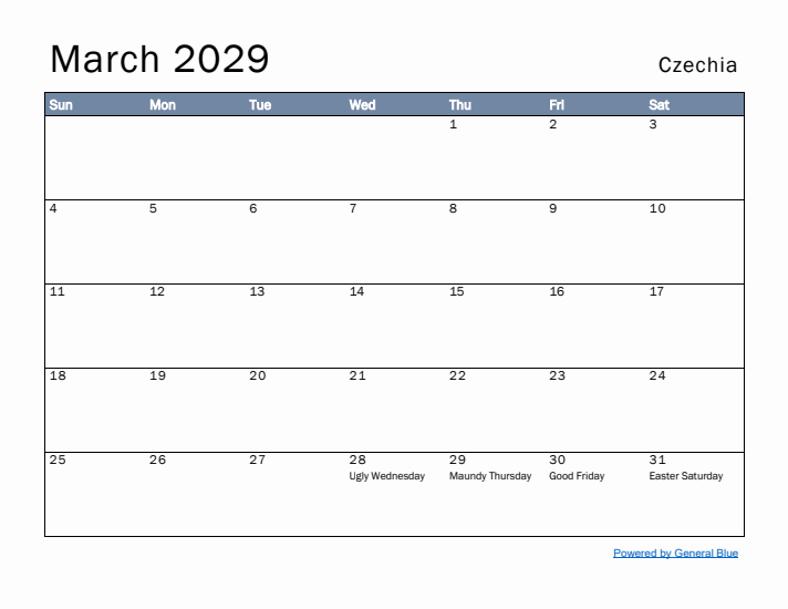 March 2029 Simple Monthly Calendar for Czechia