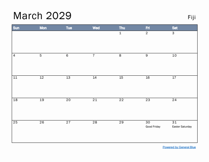 March 2029 Simple Monthly Calendar for Fiji