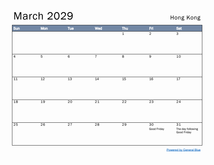 March 2029 Simple Monthly Calendar for Hong Kong