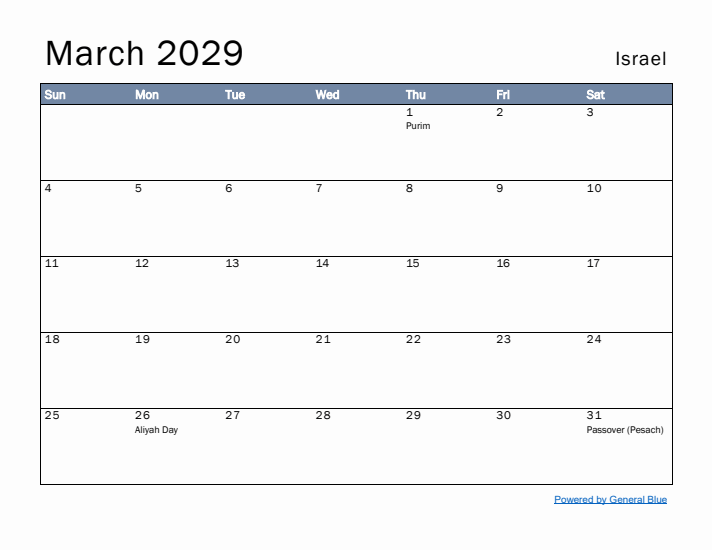 March 2029 Simple Monthly Calendar for Israel