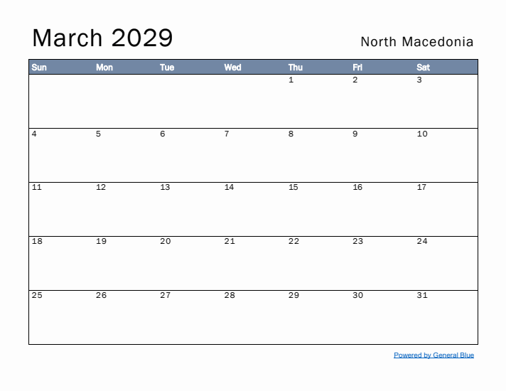 March 2029 Simple Monthly Calendar for North Macedonia