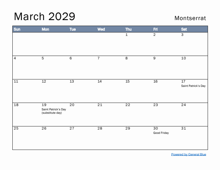March 2029 Simple Monthly Calendar for Montserrat
