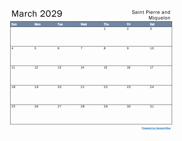 March 2029 Simple Monthly Calendar for Saint Pierre and Miquelon