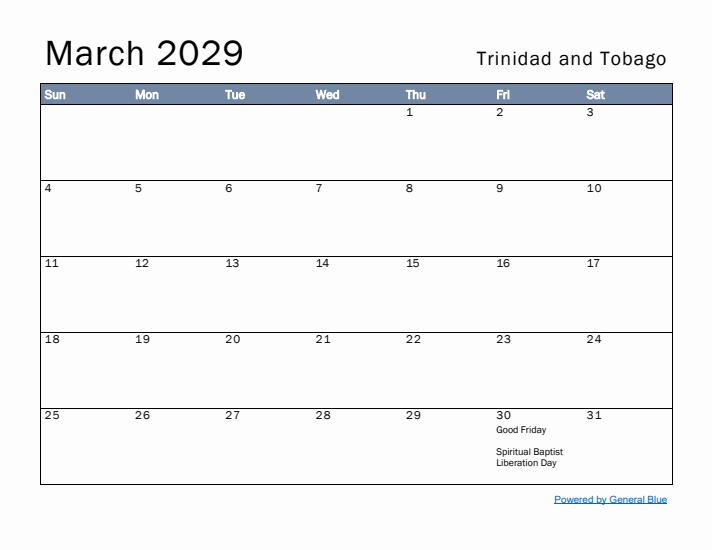 March 2029 Simple Monthly Calendar for Trinidad and Tobago