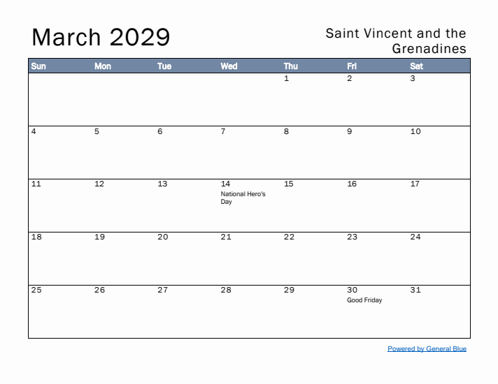 March 2029 Simple Monthly Calendar for Saint Vincent and the Grenadines