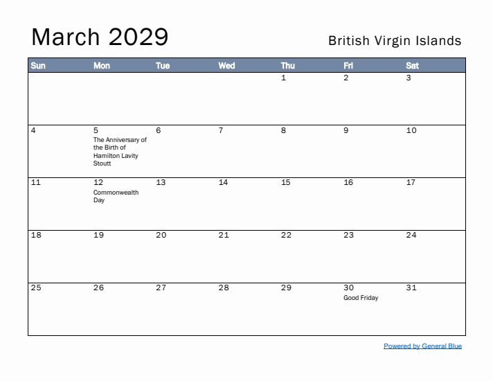 March 2029 Simple Monthly Calendar for British Virgin Islands