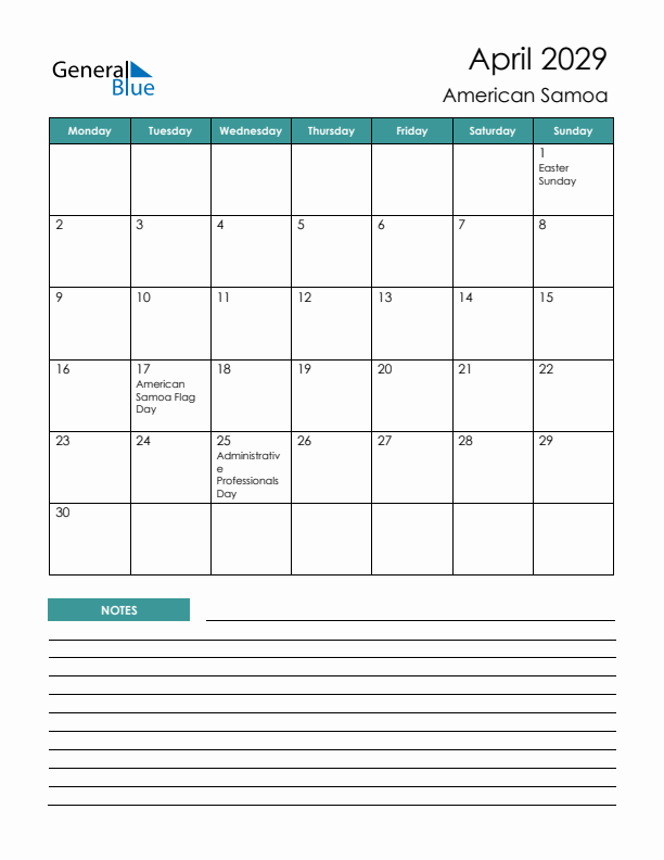 Calendar with Notes Printable - Monday Start