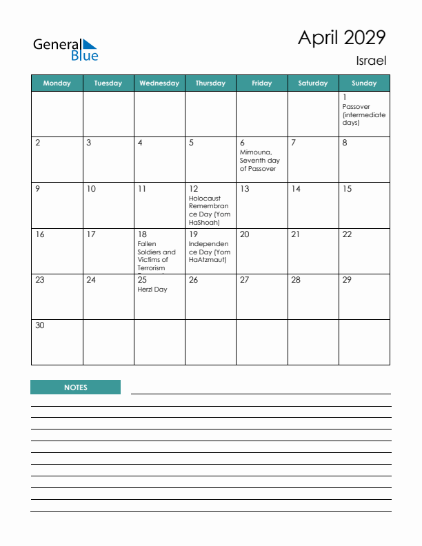 Calendar with Notes Printable - Monday Start