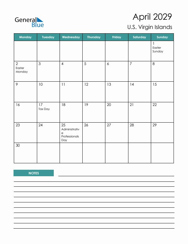 Calendar with Notes Printable - Monday Start