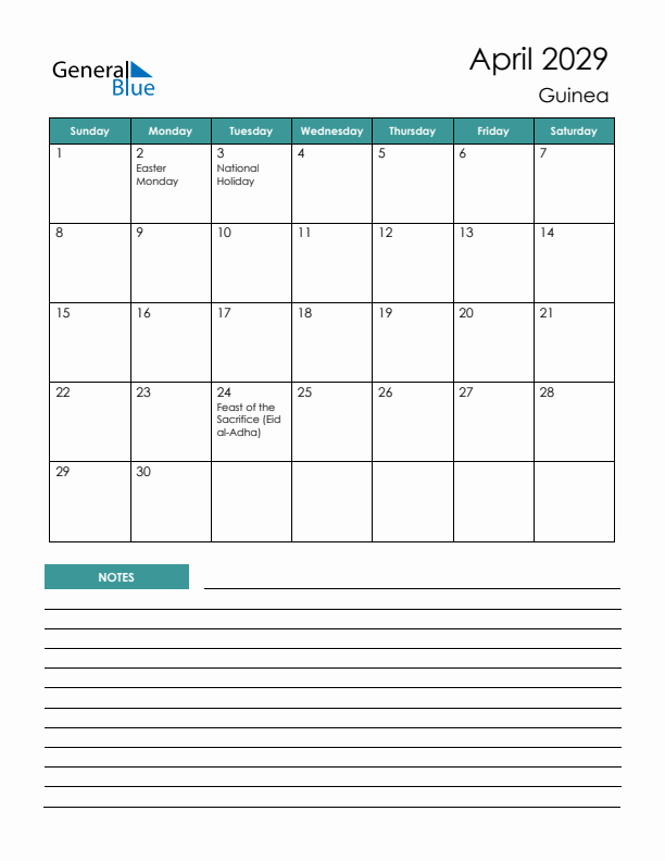 Calendar with Notes Printable - Sunday Start