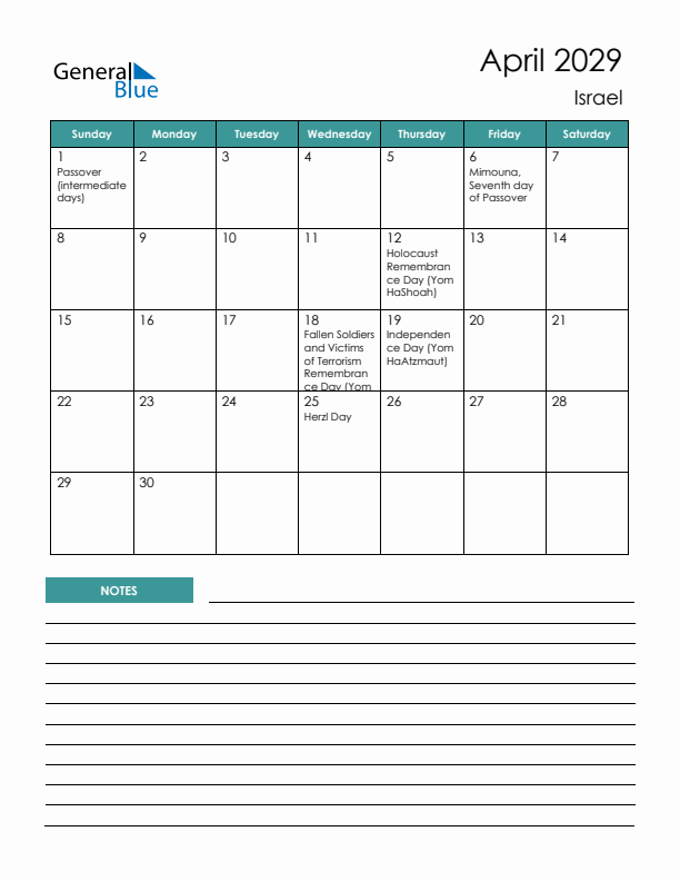 Calendar with Notes Printable - Sunday Start
