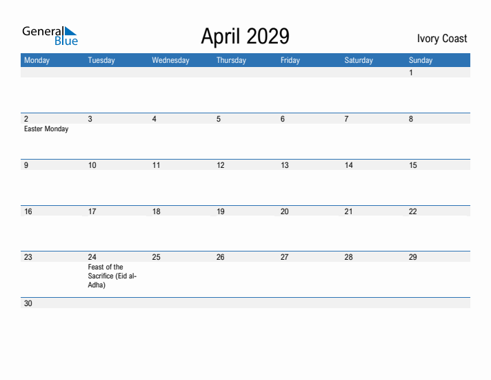 Fillable April 2029 Calendar
