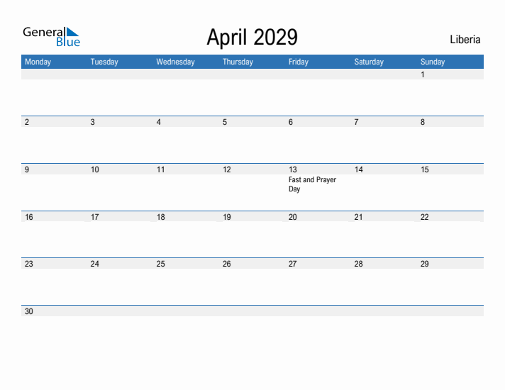 Fillable April 2029 Calendar
