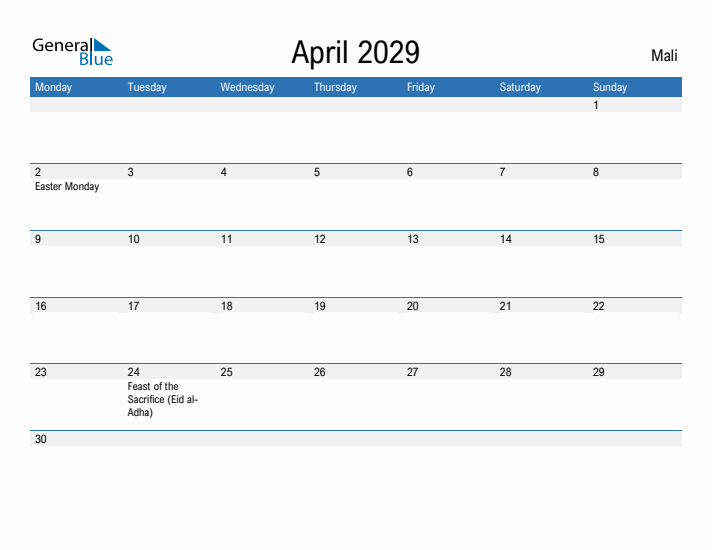 Fillable April 2029 Calendar