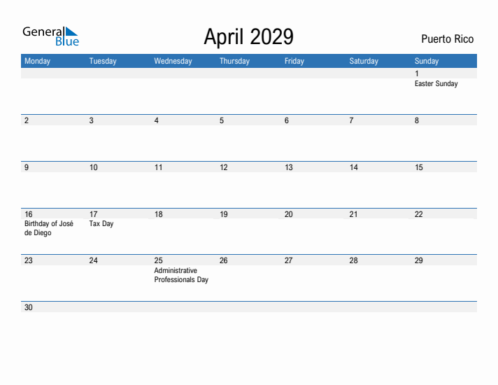 Fillable April 2029 Calendar