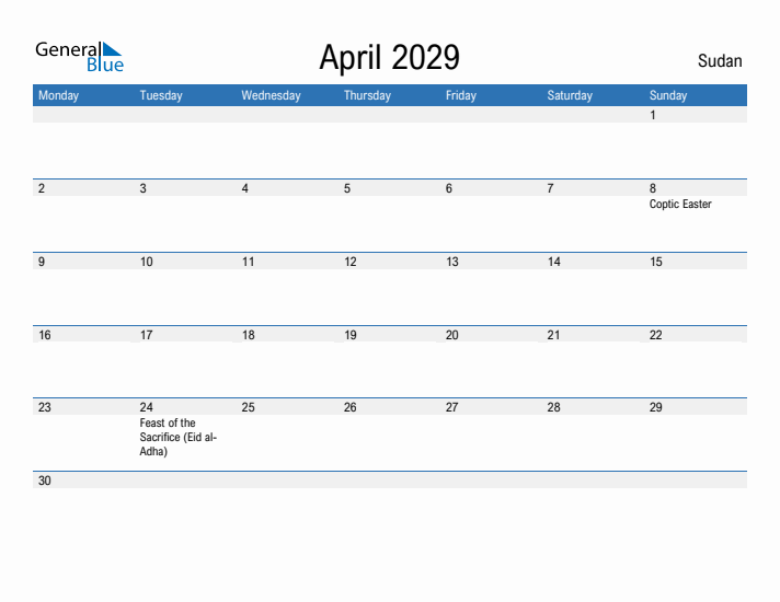 Fillable April 2029 Calendar