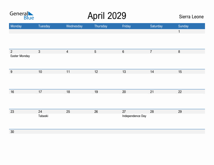 Fillable April 2029 Calendar