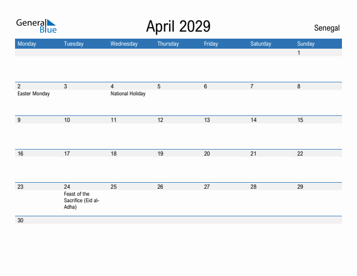 Fillable April 2029 Calendar